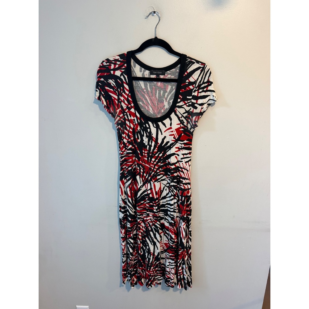 Karen Kane Womens Abstract Print Scoop Neck Short Sleeve Midi Dress Red Black M